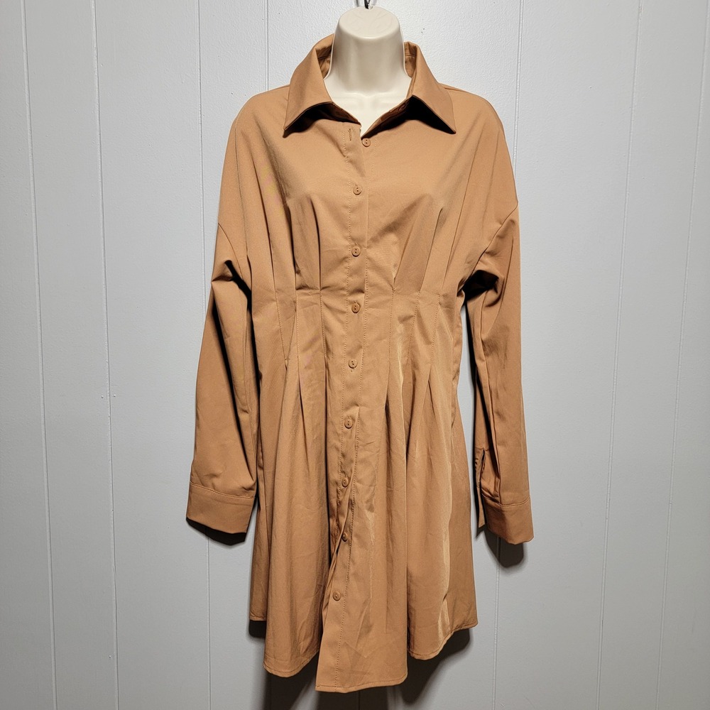 Topmelon Women Camel Tan‎ Pleated Waist Button Front Long Sleeve Shirt Dress Med